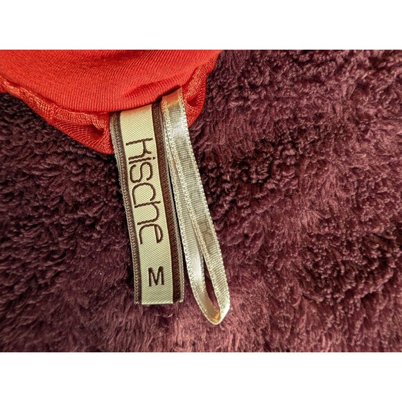 KISCHE Women's Mini Dress Stretch Ruched Empire Waist Sz M Solid Red Orange - Picture 6 of 7